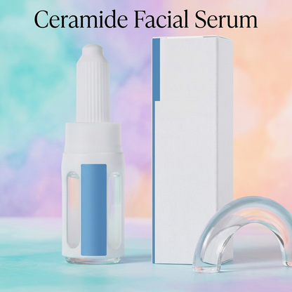 Ceramide Facial Serum introduction graphic with white-and-blue packaging