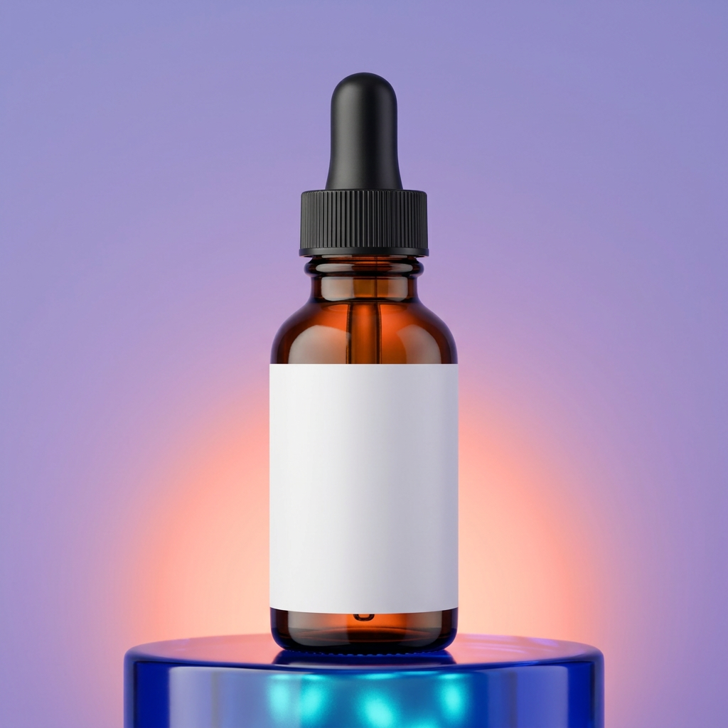Amber niacinamide serum bottle on a blue glass podium with lavender light