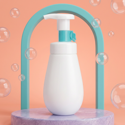 Foaming cleanser bottle with peach lavender and turquoise styling