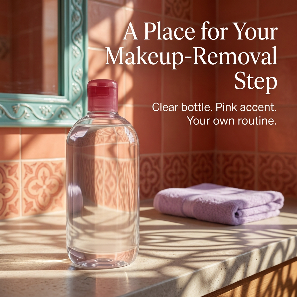 Makeup remover water bottle in a colorful sunlit bathroom