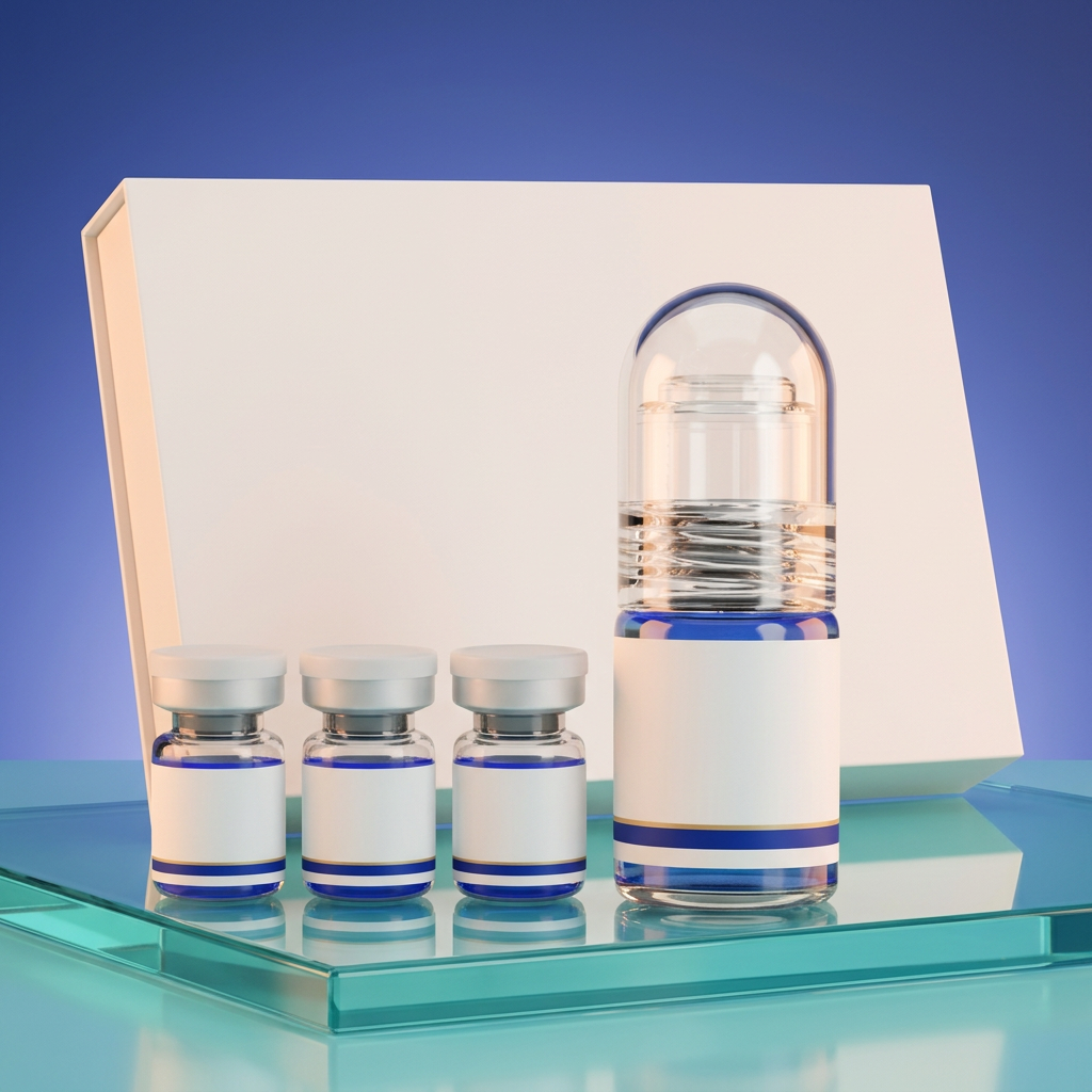 Blue-and-gold peptide serum presentation on an aqua glass platform