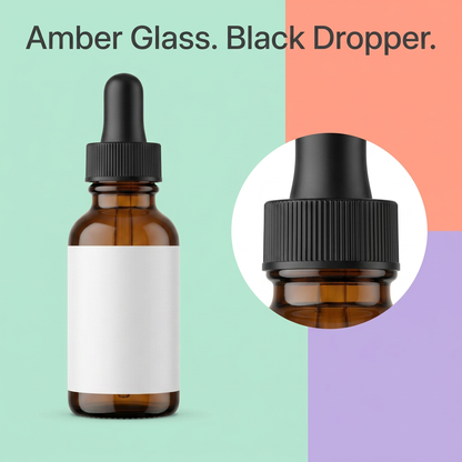 Amber glass serum bottle and black ribbed dropper close-up