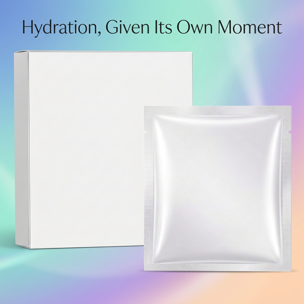 Hydration Given Its Own Moment English detail graphic with white mask packaging