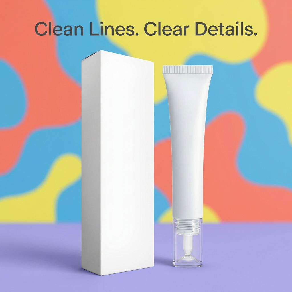 Clean Lines Clear Details packaging graphic with white eye cream tube and transparent cap