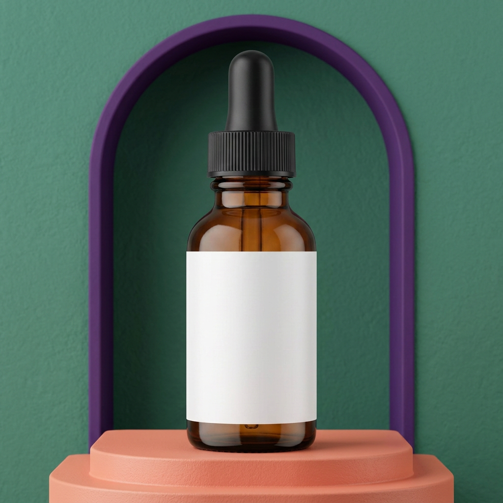 Amber serum bottle with coral mint and violet styling