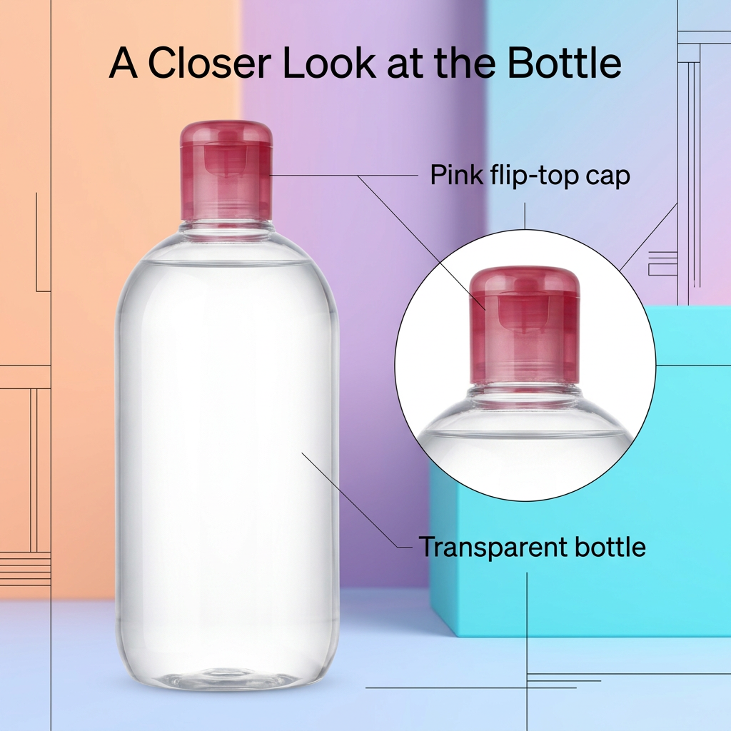 Clear bottle and pink flip-top cap packaging details