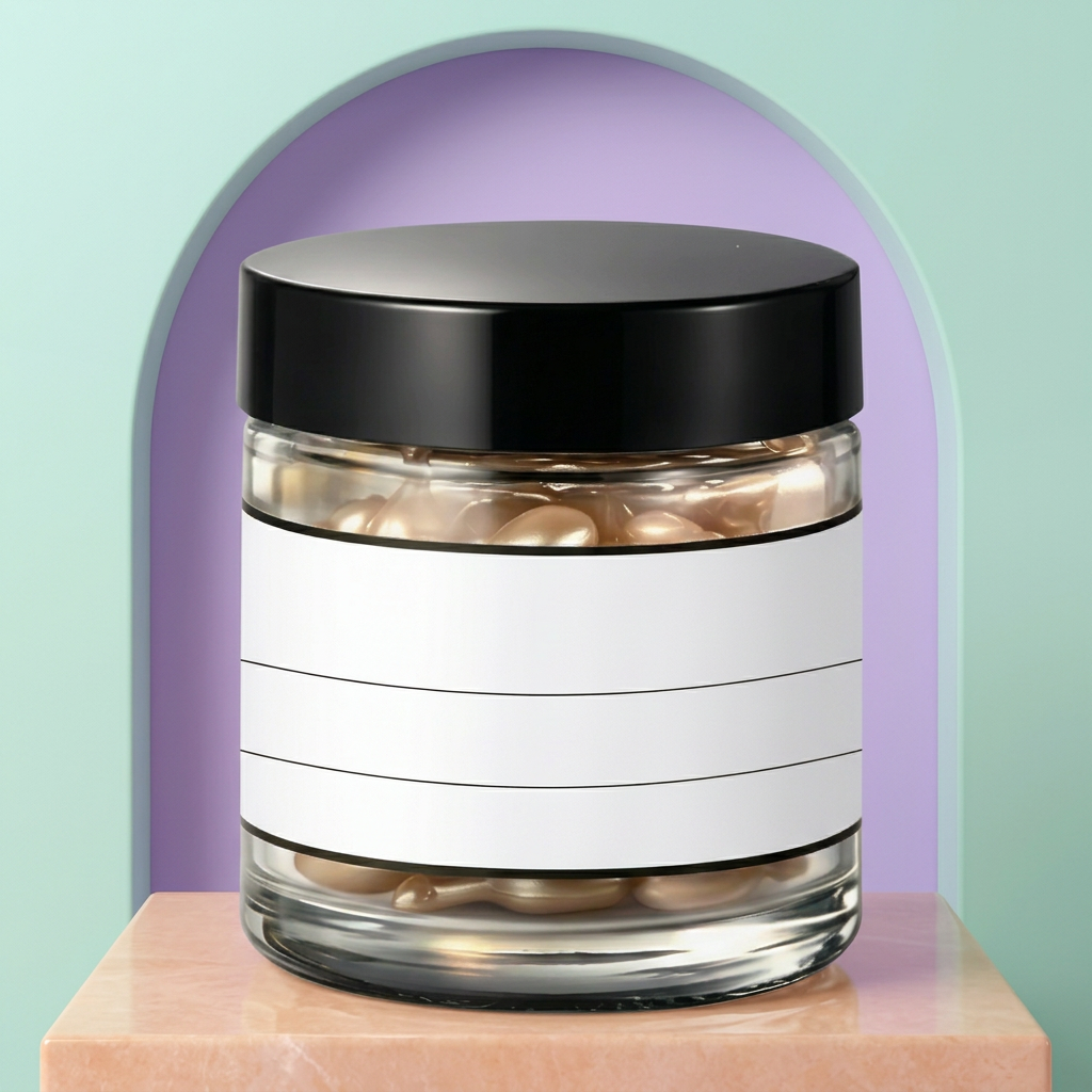 Capsule serum jar with mint lavender and peach styling