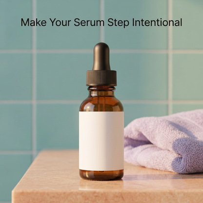 Amber niacinamide serum bottle on a warm bathroom vanity