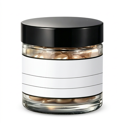 Unbranded clear glass capsule serum jar with black lid blank white label and golden capsules on white background