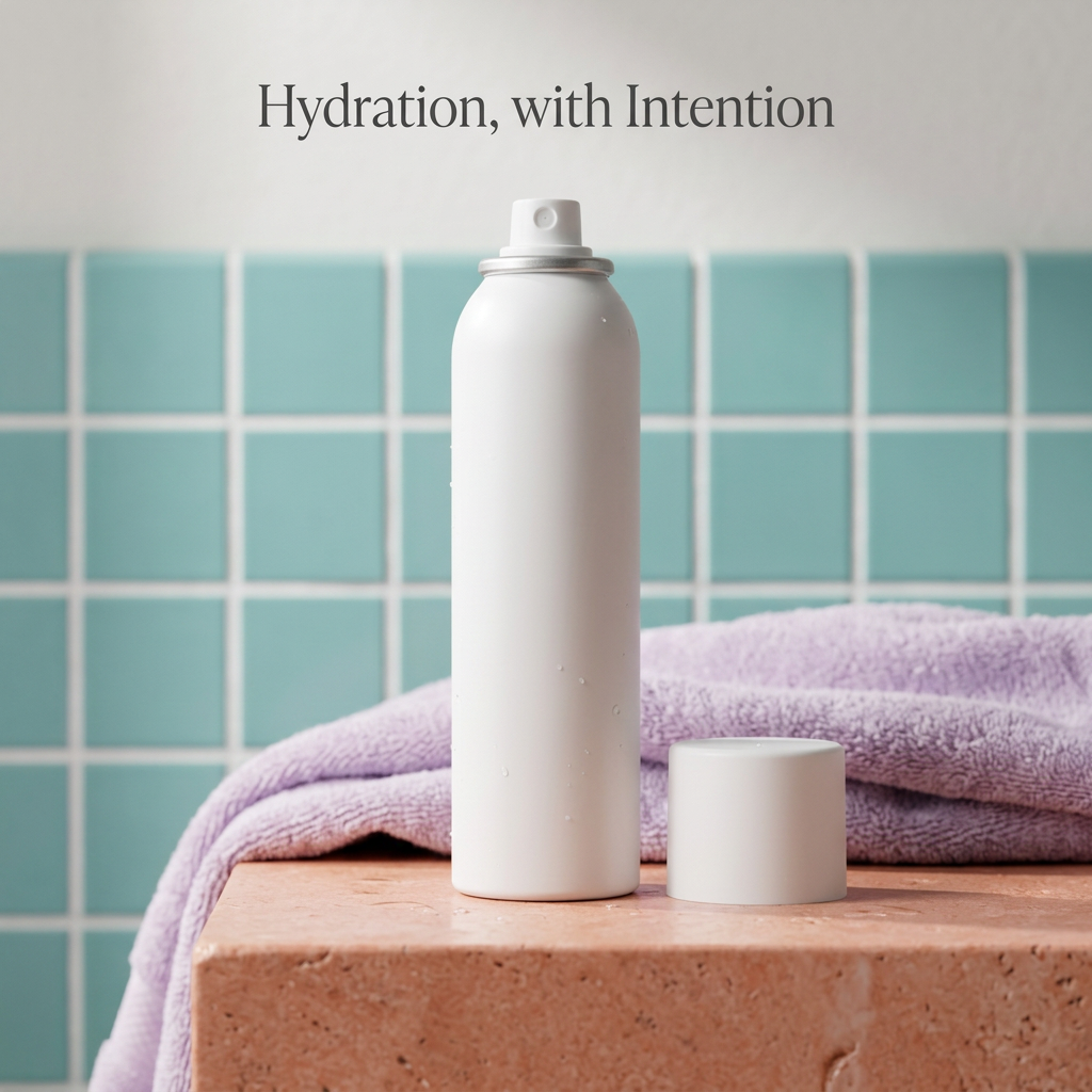 Hydrating mist can and cap on a colorful bathroom vanity