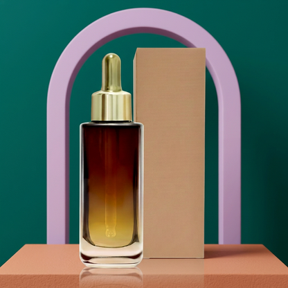 Amber serum bottle and carton against teal lavender and peach styling