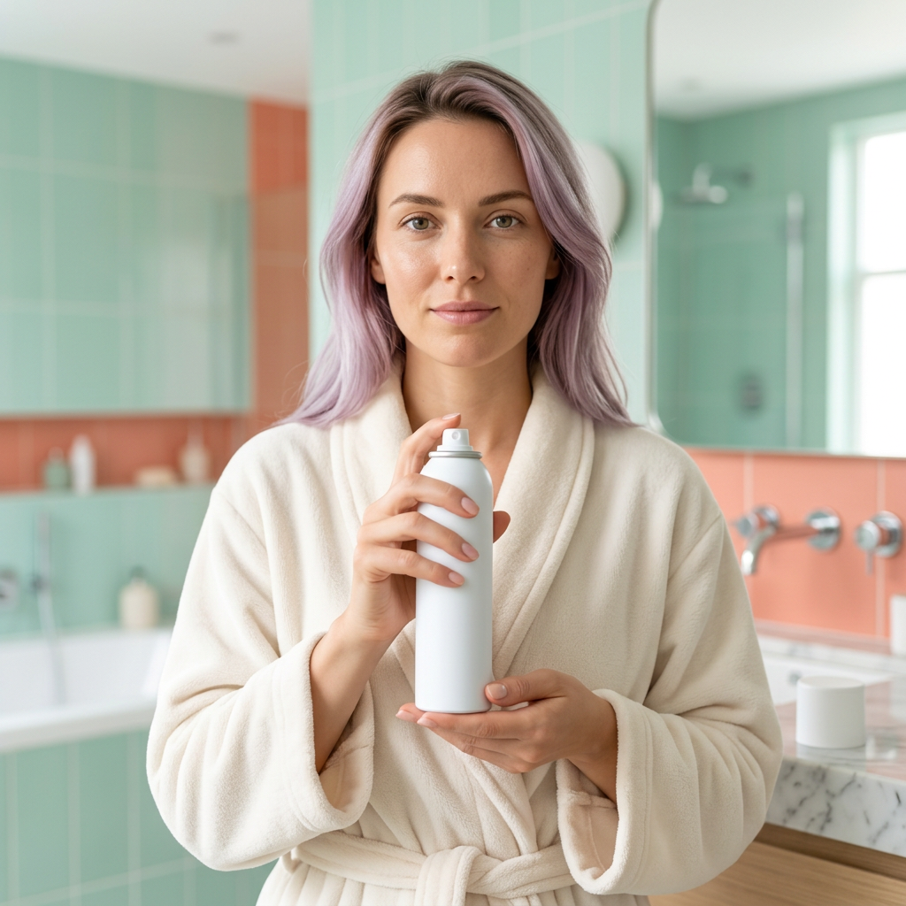 Adult Western female model holding an unbranded white hydrating spray can