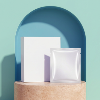 White face mask packaging on peach pedestal with blue arch and mint backdrop