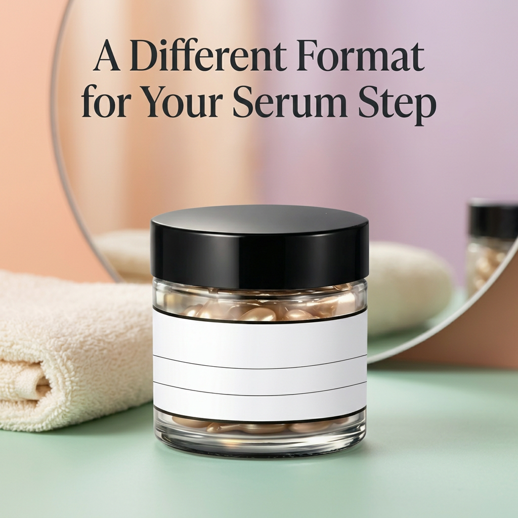 Capsule serum format graphic beside a mirror and folded towel