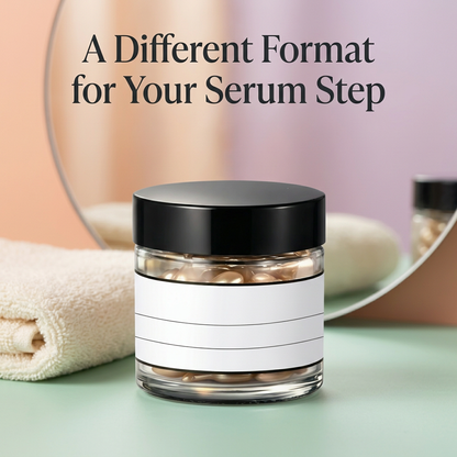 Capsule serum format graphic beside a mirror and folded towel
