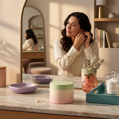Cleansing balm jar on a vanity with an adult Western female model preparing her evening routine