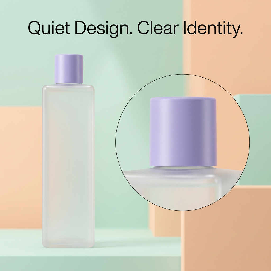 Toner packaging detail showing rectangular white bottle and lavender cap close-up