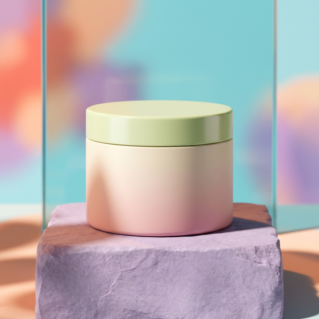 Blush cleansing balm jar on a lavender podium with aqua glass