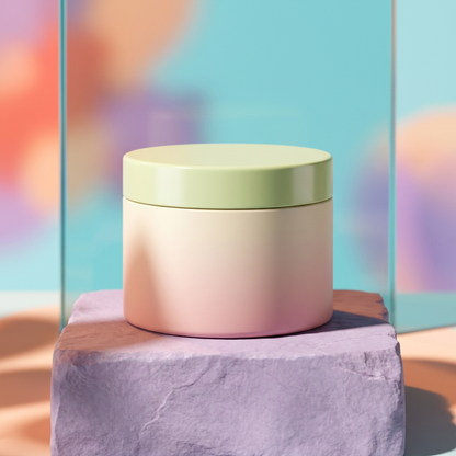 Blush cleansing balm jar on a lavender podium with aqua glass