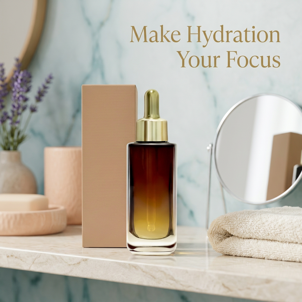 Hydration-focused serum detail graphic with mirror and folded towels